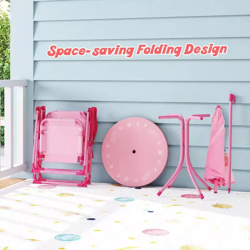 Table et chaises de pique-nique pour enfants Costway avec 2 chaises pliantes et parasol réglable en hauteur Marron/Vert/Rose