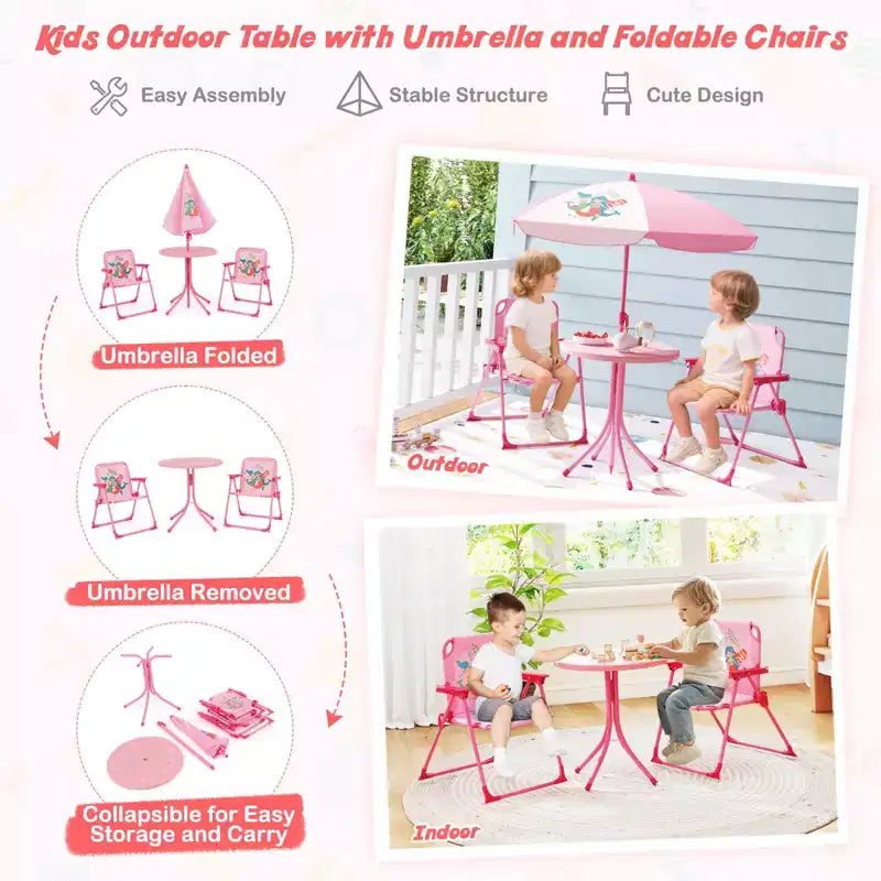 Table et chaises de pique-nique pour enfants Costway avec 2 chaises pliantes et parasol réglable en hauteur Marron/Vert/Rose