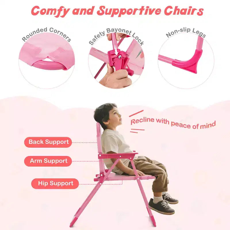 Table et chaises de pique-nique pour enfants Costway avec 2 chaises pliantes et parasol réglable en hauteur Marron/Vert/Rose