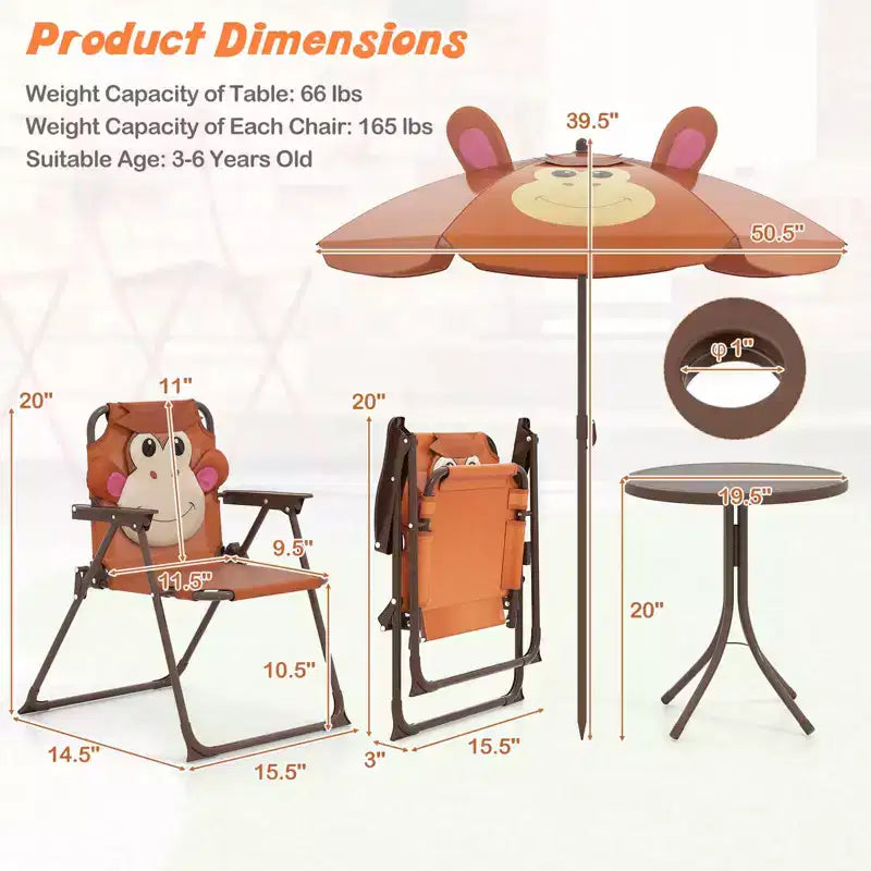 Table et chaises de pique-nique pour enfants Costway avec 2 chaises pliantes et parasol réglable en hauteur Marron/Vert/Rose