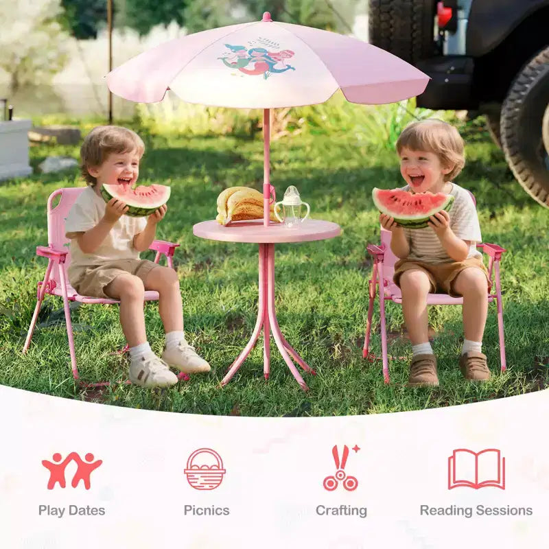 Table et chaises de pique-nique pour enfants Costway avec 2 chaises pliantes et parasol réglable en hauteur Marron/Vert/Rose