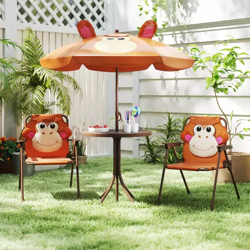Table et chaises de pique-nique pour enfants Costway avec 2 chaises pliantes et parasol réglable en hauteur Marron/Vert/Rose