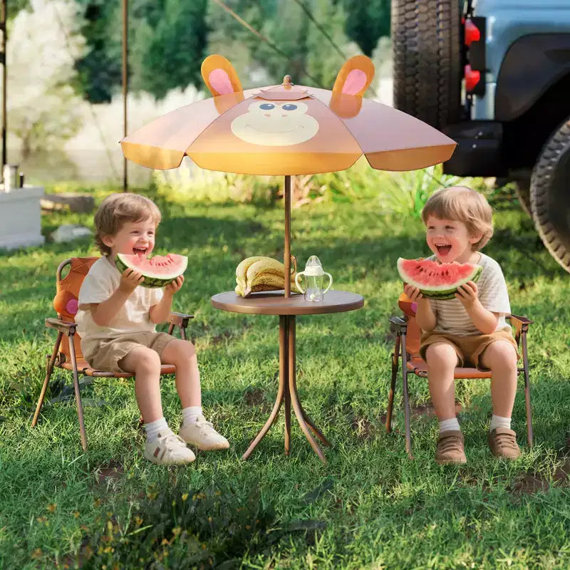Table et chaises de pique-nique pour enfants Costway avec 2 chaises pliantes et parasol réglable en hauteur Marron/Vert/Rose