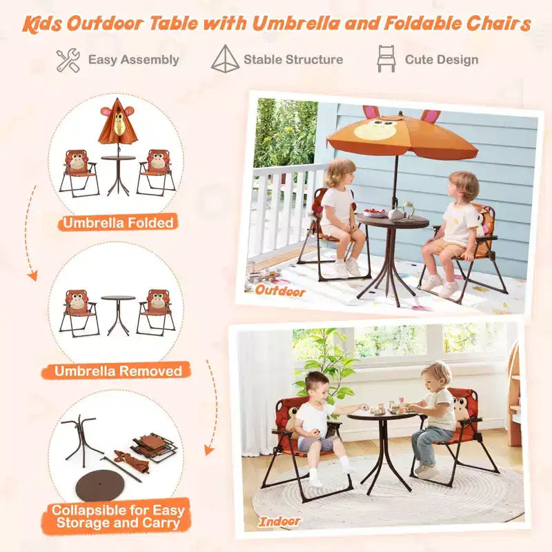 Table et chaises de pique-nique pour enfants Costway avec 2 chaises pliantes et parasol réglable en hauteur Marron/Vert/Rose