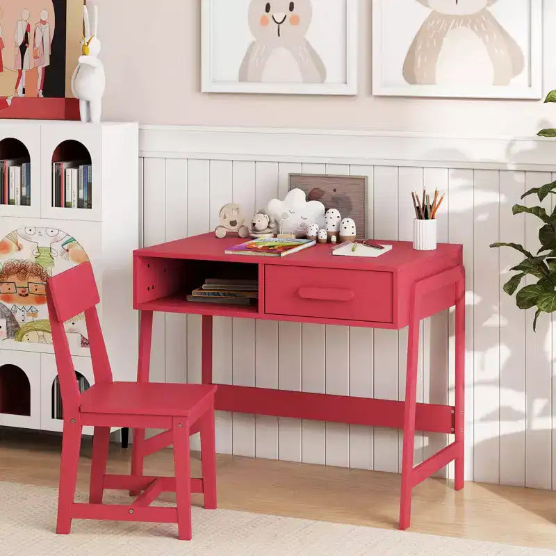 Bureau et chaise pour enfants Costway avec tiroir de rangement et étagère, ensemble bureau d'écolier Marron/Rose/Blanc/Noir