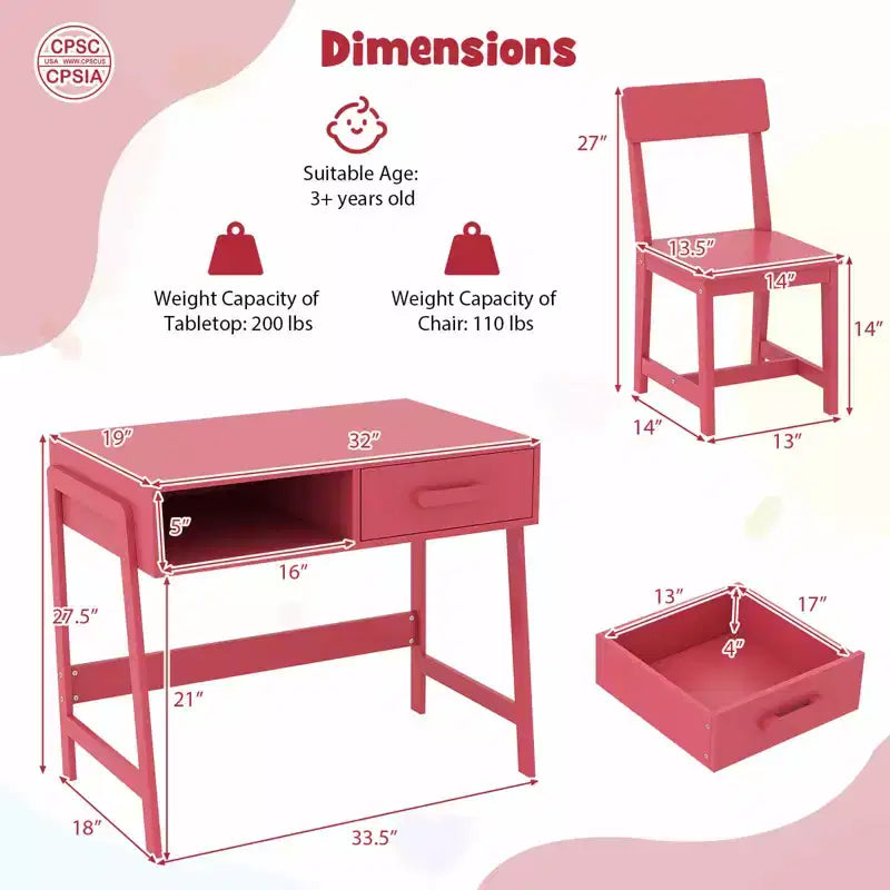 Bureau et chaise pour enfants Costway avec tiroir de rangement et étagère, ensemble bureau d'écolier Marron/Rose/Blanc/Noir
