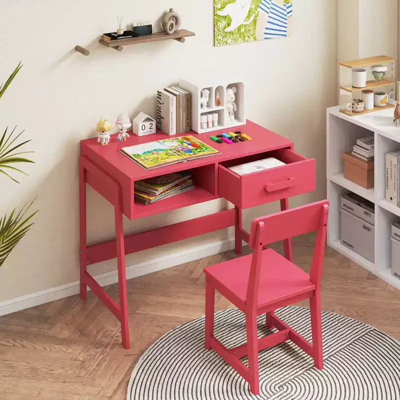 Bureau et chaise pour enfants Costway avec tiroir de rangement et étagère, ensemble bureau d'écolier Marron/Rose/Blanc/Noir