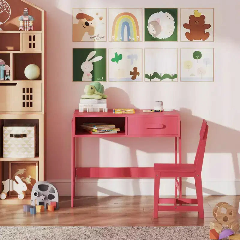 Bureau et chaise pour enfants Costway avec tiroir de rangement et étagère, ensemble bureau d'écolier Marron/Rose/Blanc/Noir