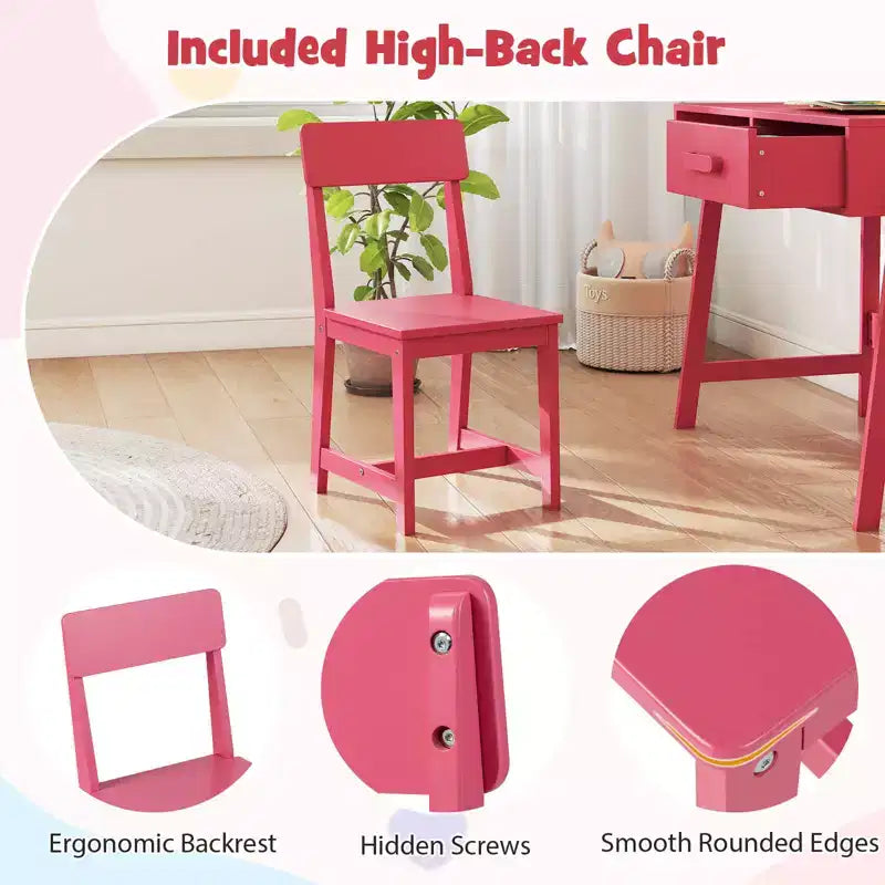 Bureau et chaise pour enfants Costway avec tiroir de rangement et étagère, ensemble bureau d'écolier Marron/Rose/Blanc/Noir