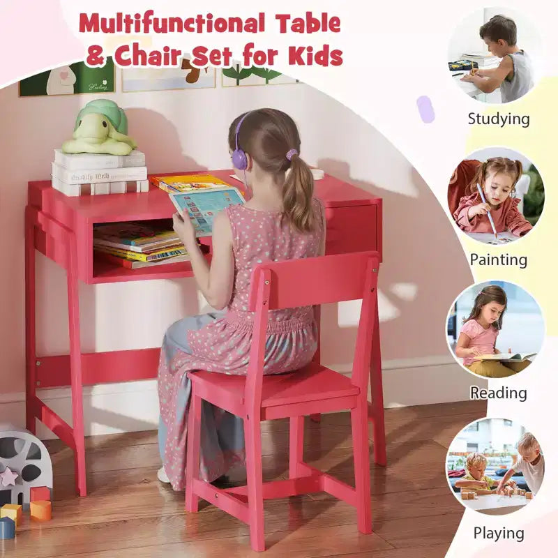 Bureau et chaise pour enfants Costway avec tiroir de rangement et étagère, ensemble bureau d'écolier Marron/Rose/Blanc/Noir