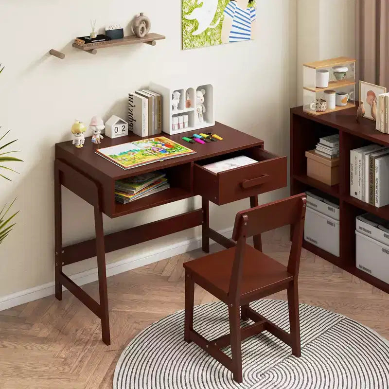 Bureau et chaise pour enfants Costway avec tiroir de rangement et étagère, ensemble bureau d'écolier Marron/Rose/Blanc/Noir