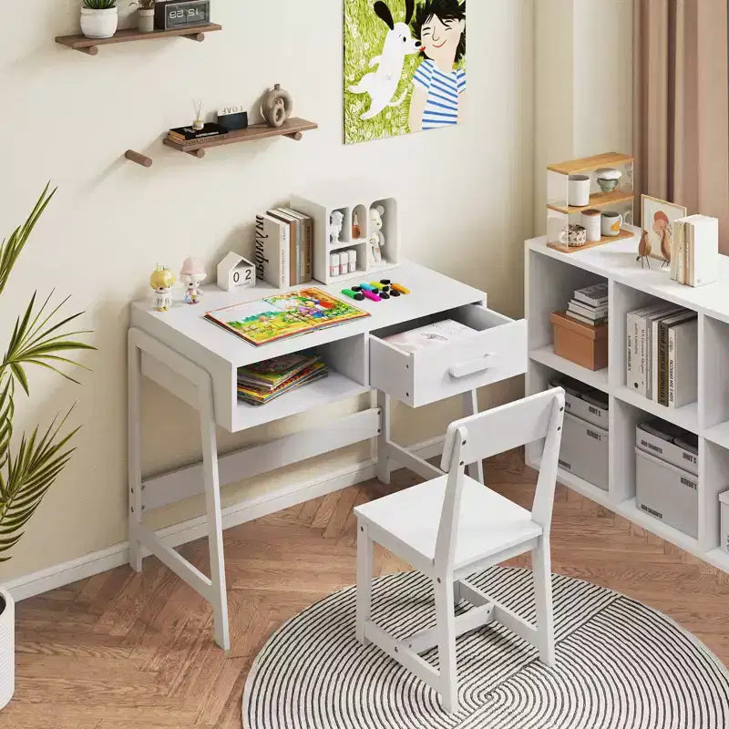 Bureau et chaise pour enfants Costway avec tiroir de rangement et étagère, ensemble bureau d'écolier Marron/Rose/Blanc/Noir