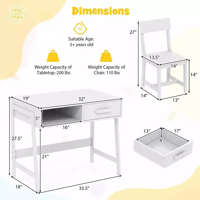 Bureau et chaise pour enfants Costway avec tiroir de rangement et étagère, ensemble bureau d'écolier Marron/Rose/Blanc/Noir