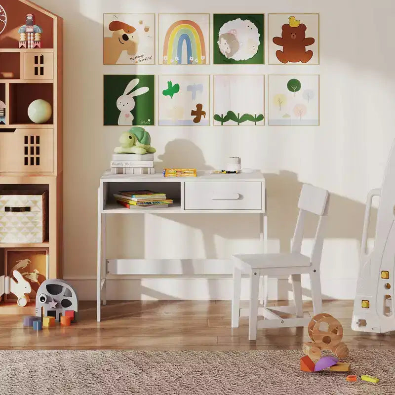 Bureau et chaise pour enfants Costway avec tiroir de rangement et étagère, ensemble bureau d'écolier Marron/Rose/Blanc/Noir