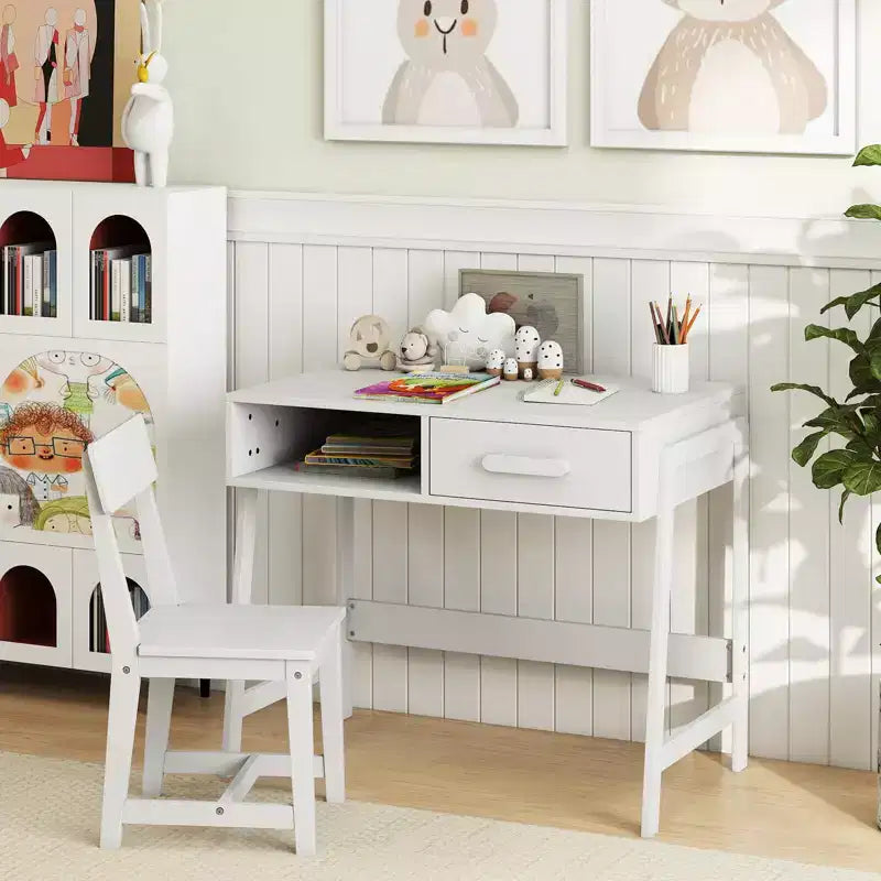 Bureau et chaise pour enfants Costway avec tiroir de rangement et étagère, ensemble bureau d'écolier Marron/Rose/Blanc/Noir
