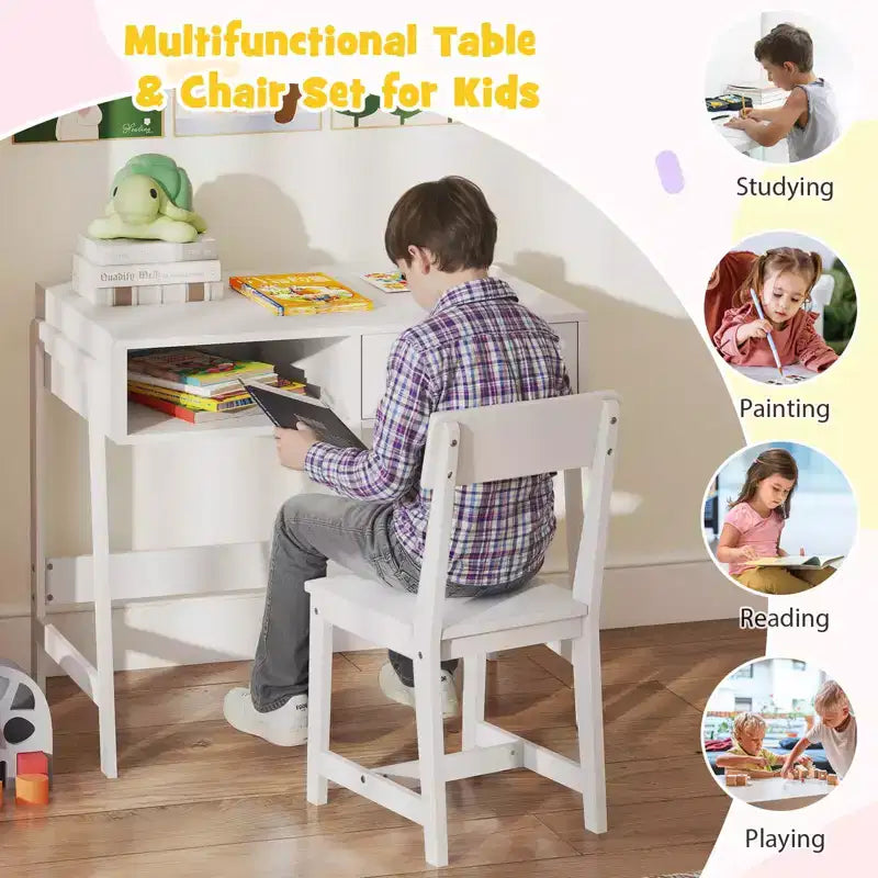 Bureau et chaise pour enfants Costway avec tiroir de rangement et étagère, ensemble bureau d'écolier Marron/Rose/Blanc/Noir