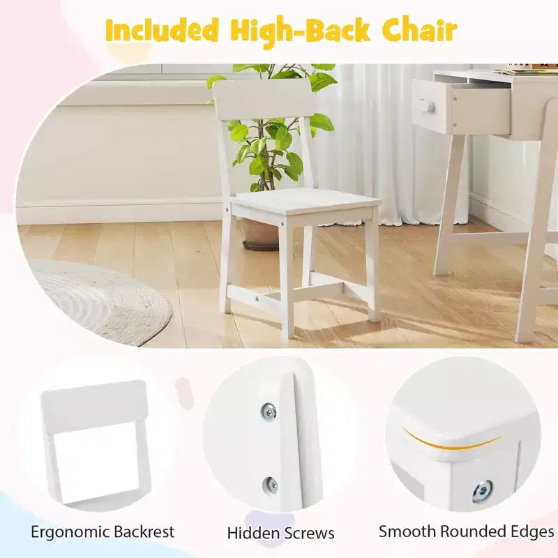 Bureau et chaise pour enfants Costway avec tiroir de rangement et étagère, ensemble bureau d'écolier Marron/Rose/Blanc/Noir