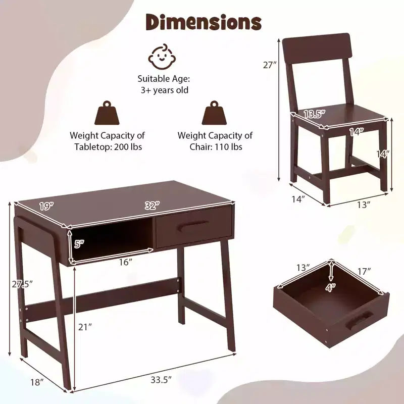 Bureau et chaise pour enfants Costway avec tiroir de rangement et étagère, ensemble bureau d'écolier Marron/Rose/Blanc/Noir
