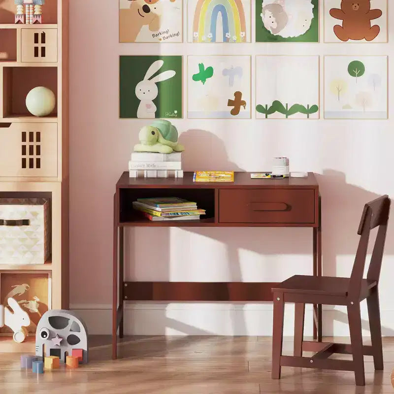 Bureau et chaise pour enfants Costway avec tiroir de rangement et étagère, ensemble bureau d'écolier Marron/Rose/Blanc/Noir