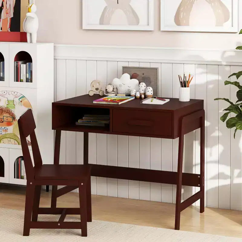 Bureau et chaise pour enfants Costway avec tiroir de rangement et étagère, ensemble bureau d'écolier Marron/Rose/Blanc/Noir