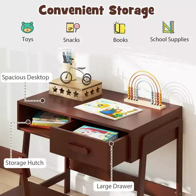 Bureau et chaise pour enfants Costway avec tiroir de rangement et étagère, ensemble bureau d'écolier Marron/Rose/Blanc/Noir