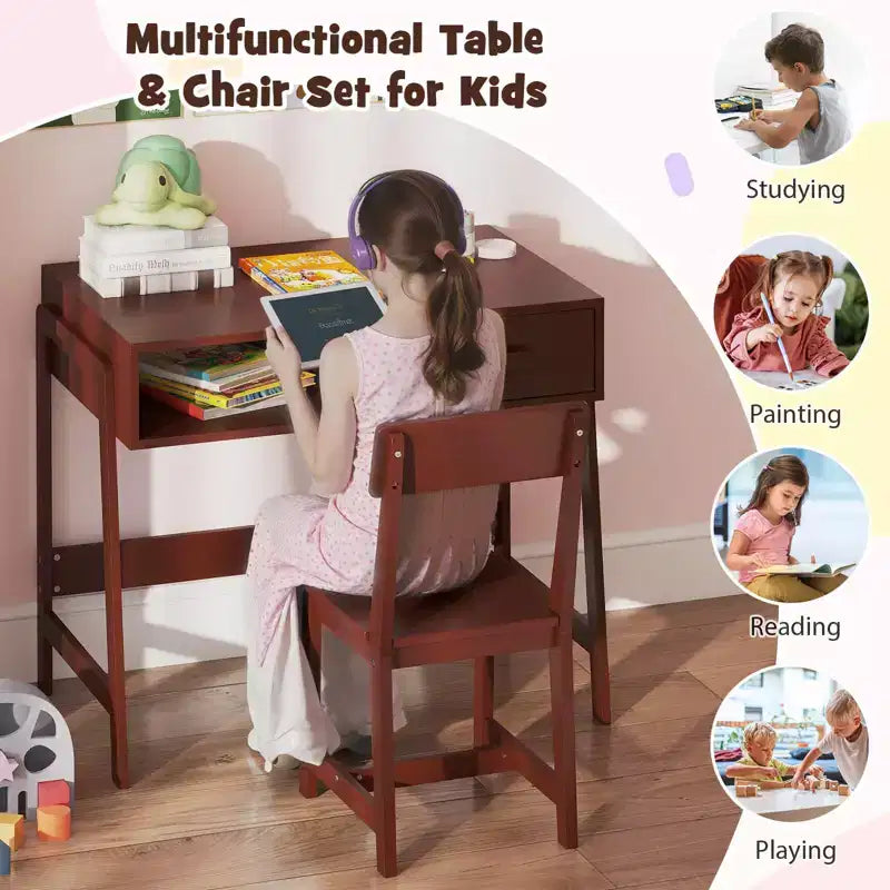 Bureau et chaise pour enfants Costway avec tiroir de rangement et étagère, ensemble bureau d'écolier Marron/Rose/Blanc/Noir