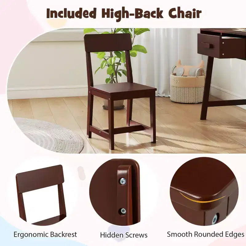 Bureau et chaise pour enfants Costway avec tiroir de rangement et étagère, ensemble bureau d'écolier Marron/Rose/Blanc/Noir