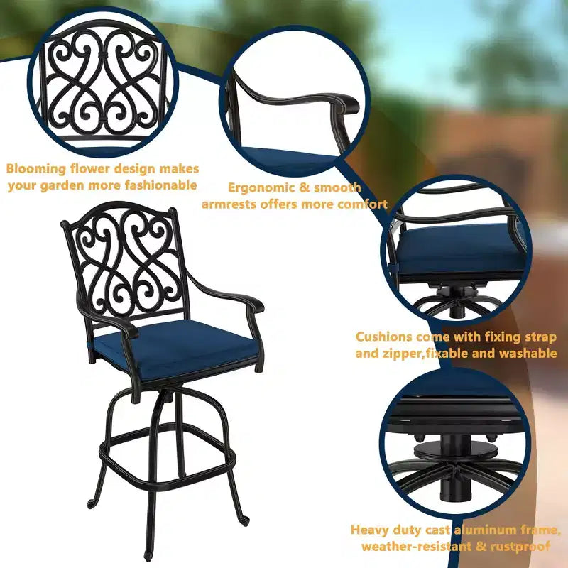 CLIHOME Ensemble de patio 3 pièces en fonte d'aluminium avec coussins de canapé, hauteur bar