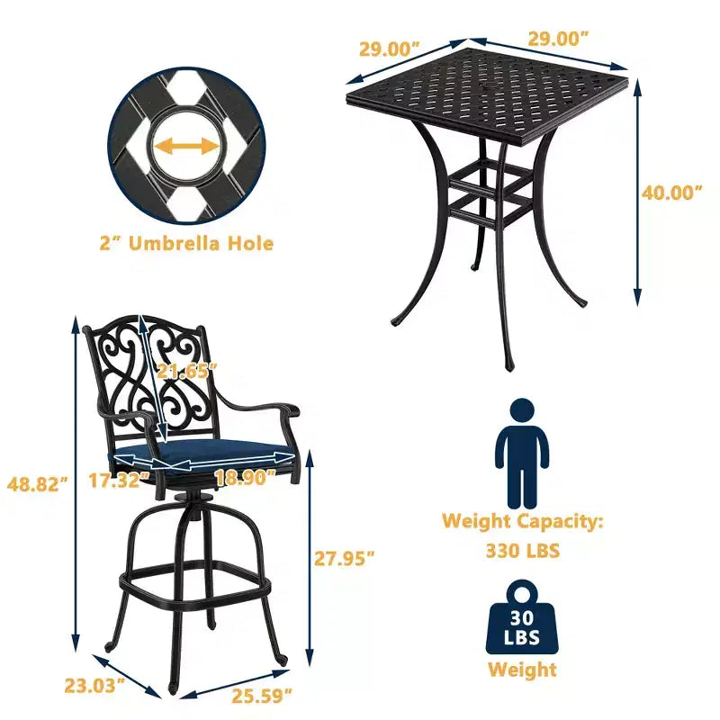 CLIHOME Ensemble de patio 3 pièces en fonte d'aluminium avec coussins de canapé, hauteur bar