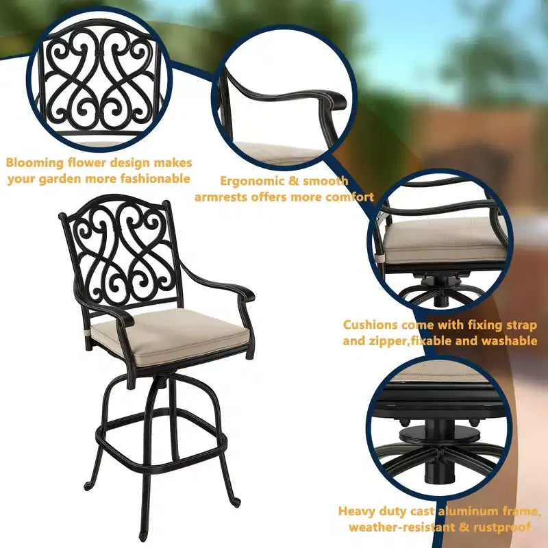 CLIHOME Ensemble de patio 3 pièces en fonte d'aluminium avec coussins de canapé, hauteur bar