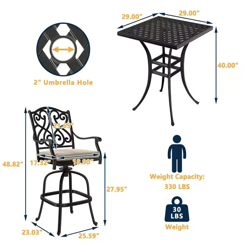 CLIHOME Ensemble de patio 3 pièces en fonte d'aluminium avec coussins de canapé, hauteur bar