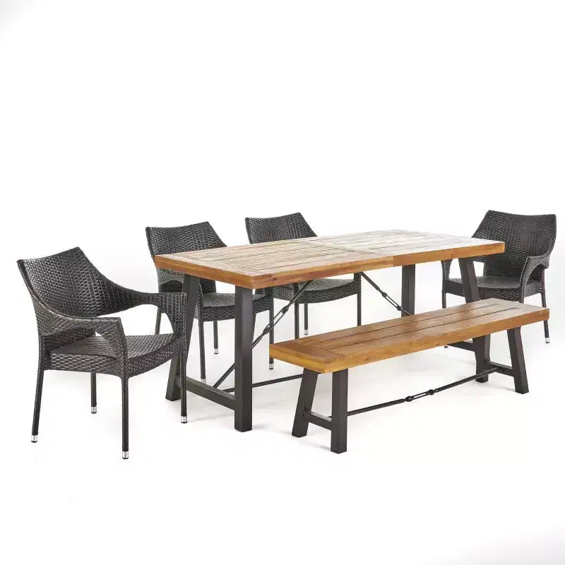 Ensemble de salle à manger GDFStudio Mahalo d'extérieur en osier et bois d'acacia 6 pièces avec banc
