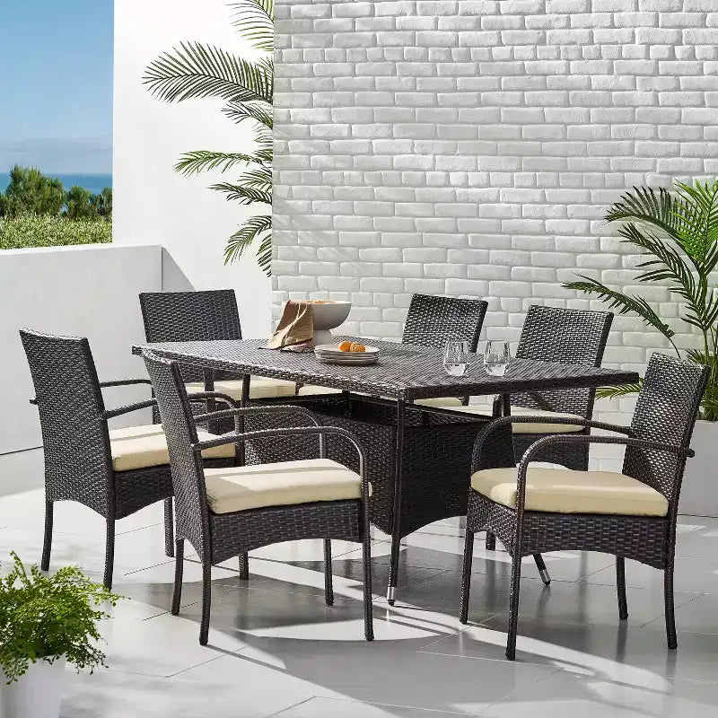 GDFStudio Toledano Outdoor Wicker and Iron 7 Piece Dining Set with Water Resistant Cushion