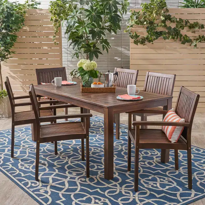 GDFStudio Paoha Outdoor Acacia Wood 7 Piece Dining Set with Slatted Design