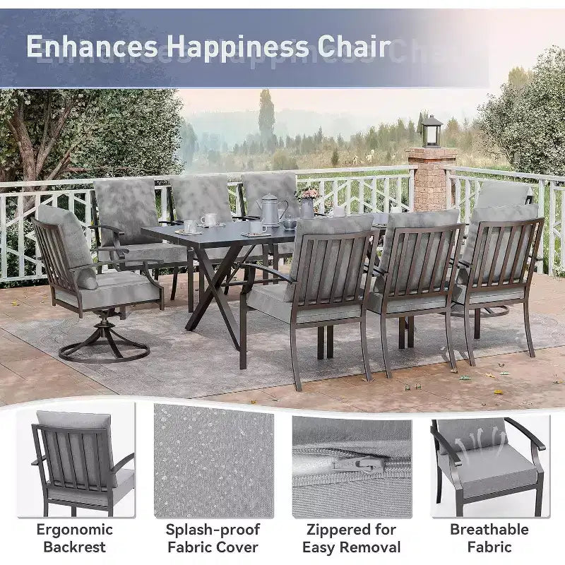 ALAULM Salon de jardin 9 pièces avec 2 chaises pivotantes et 6 chaises fixes, grande table