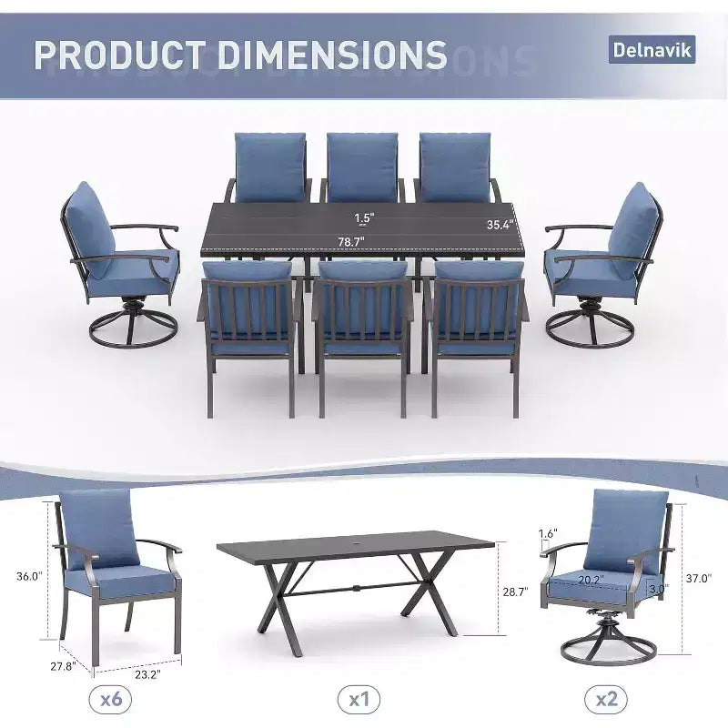 ALAULM Salon de jardin 9 pièces avec 2 chaises pivotantes et 6 chaises fixes, grande table
