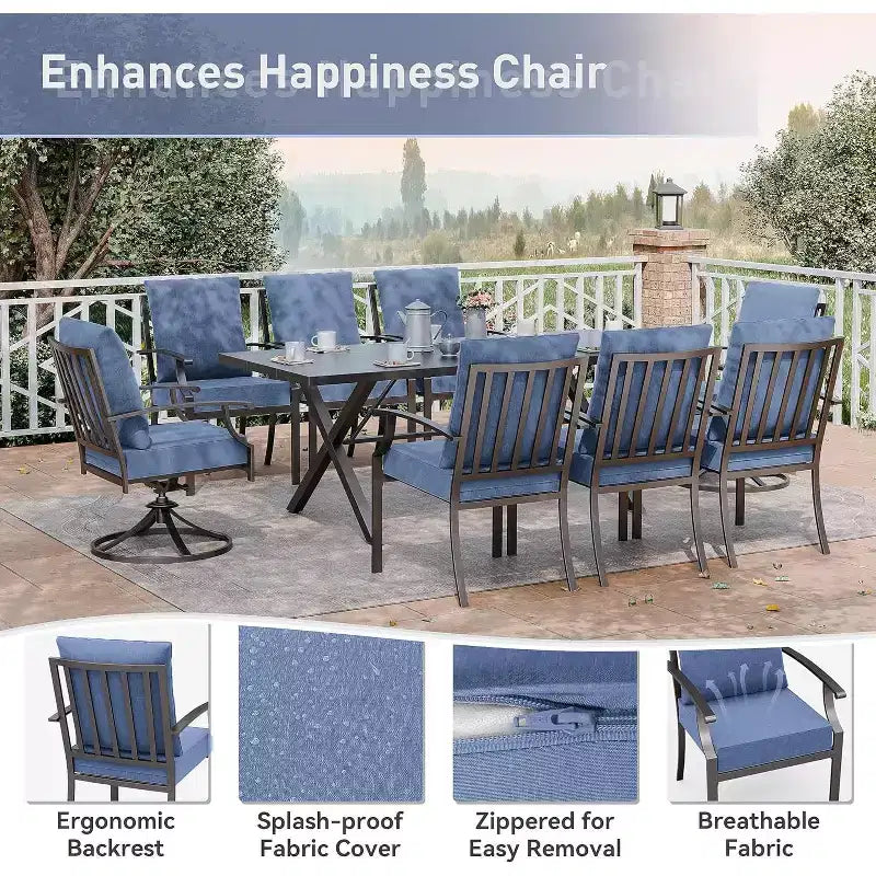 ALAULM Salon de jardin 9 pièces avec 2 chaises pivotantes et 6 chaises fixes, grande table