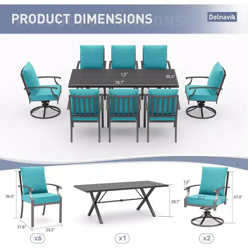 ALAULM Salon de jardin 9 pièces avec 2 chaises pivotantes et 6 chaises fixes, grande table