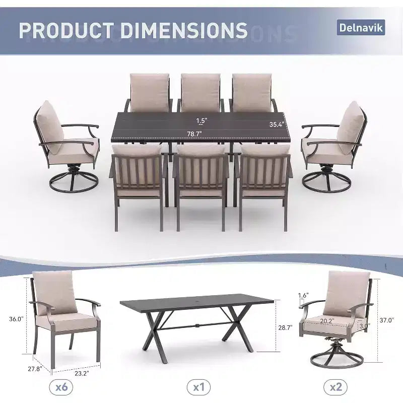 ALAULM Salon de jardin 9 pièces avec 2 chaises pivotantes et 6 chaises fixes, grande table