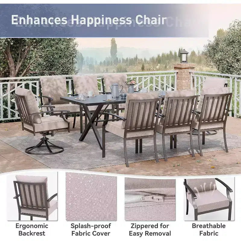 ALAULM Salon de jardin 9 pièces avec 2 chaises pivotantes et 6 chaises fixes, grande table