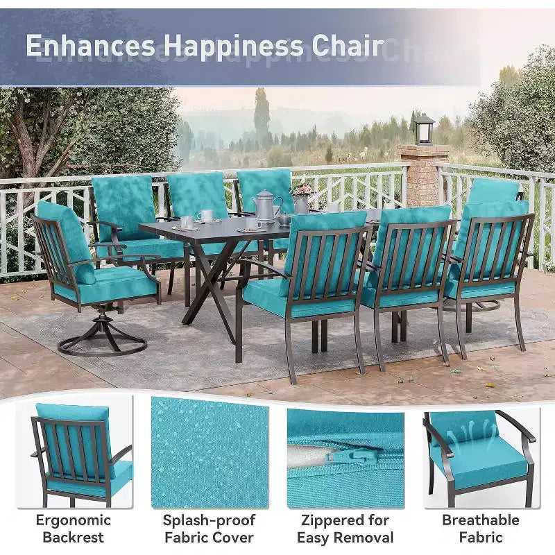 ALAULM Salon de jardin 9 pièces avec 2 chaises pivotantes et 6 chaises fixes, grande table