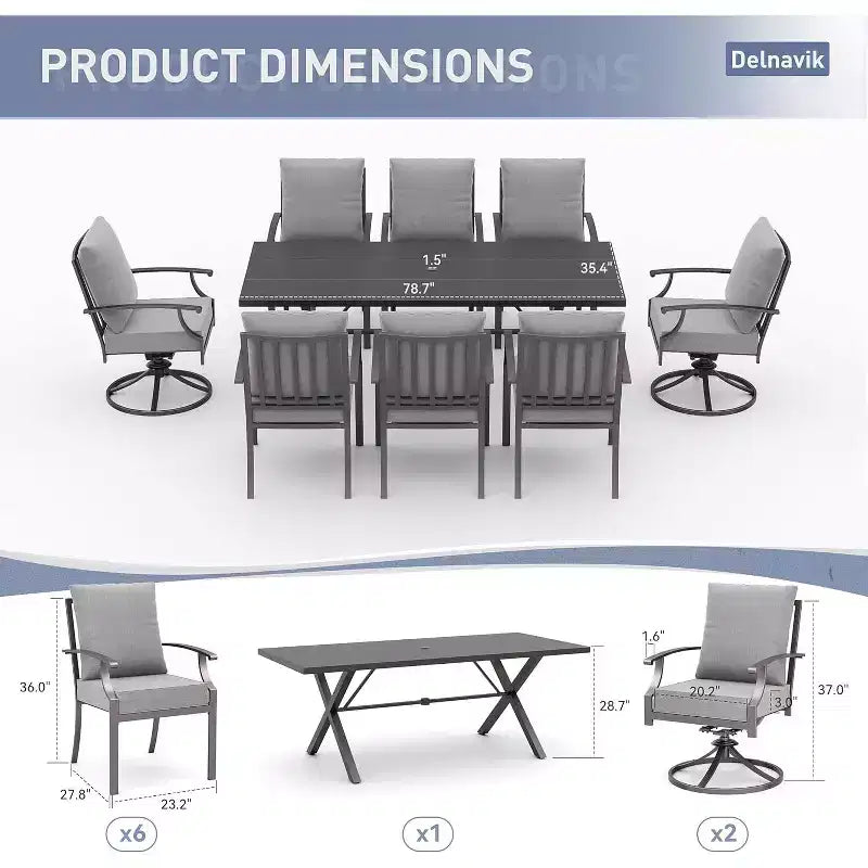 ALAULM Salon de jardin 9 pièces avec 2 chaises pivotantes et 6 chaises fixes, grande table