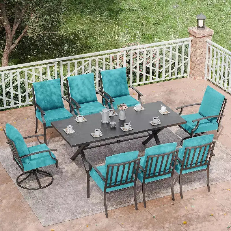 ALAULM 9 Pieces Patio Dining Set Outdoor Furniture with 2 Swivel Chairs and 6 Fixed Chairs, Large Table