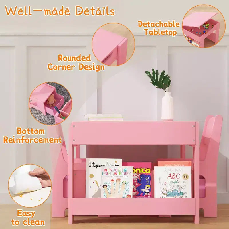 Ensemble table et chaises pour enfants, table d'activités en bois 4 en 1 et 2 chaises avec tiroir de rangement, plateau amovible pour le dessin, la lecture et les activités créatives des tout-petits et des enfants