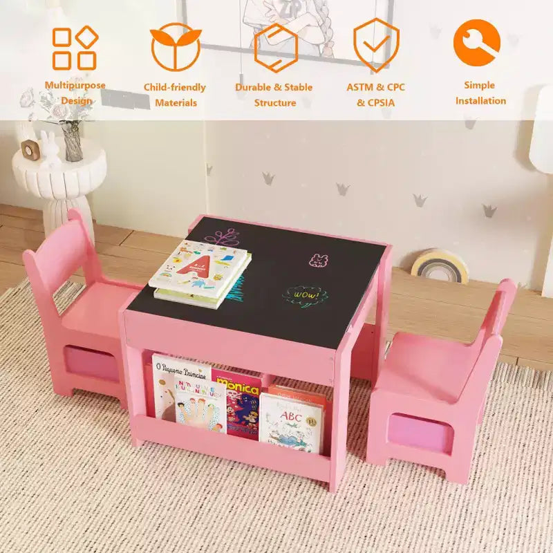 Ensemble table et chaises pour enfants, table d'activités en bois 4 en 1 et 2 chaises avec tiroir de rangement, plateau amovible pour le dessin, la lecture et les activités créatives des tout-petits et des enfants