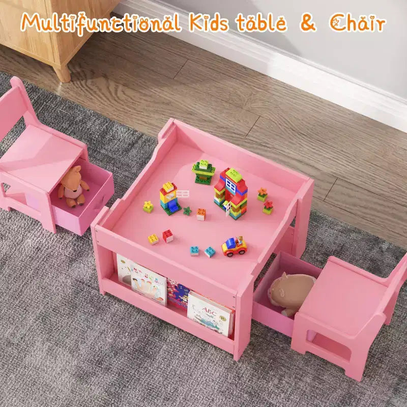 Ensemble table et chaises pour enfants, table d'activités en bois 4 en 1 et 2 chaises avec tiroir de rangement, plateau amovible pour le dessin, la lecture et les activités créatives des tout-petits et des enfants