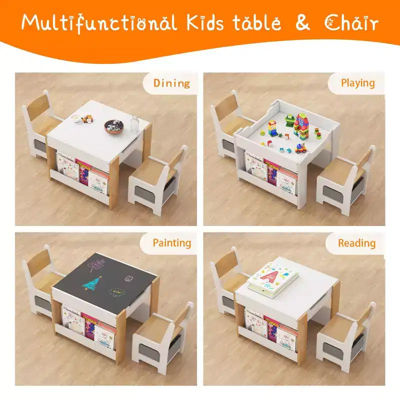 Ensemble table et chaises pour enfants, table d'activités en bois 4 en 1 et 2 chaises avec tiroir de rangement, plateau amovible pour le dessin, la lecture et les activités créatives des tout-petits et des enfants