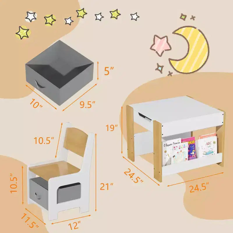 Ensemble table et chaises pour enfants, table d'activités en bois 4 en 1 et 2 chaises avec tiroir de rangement, plateau amovible pour le dessin, la lecture et les activités créatives des tout-petits et des enfants