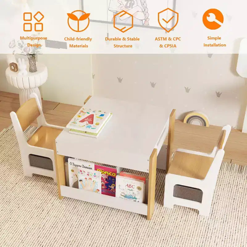 Ensemble table et chaises pour enfants, table d'activités en bois 4 en 1 et 2 chaises avec tiroir de rangement, plateau amovible pour le dessin, la lecture et les activités créatives des tout-petits et des enfants