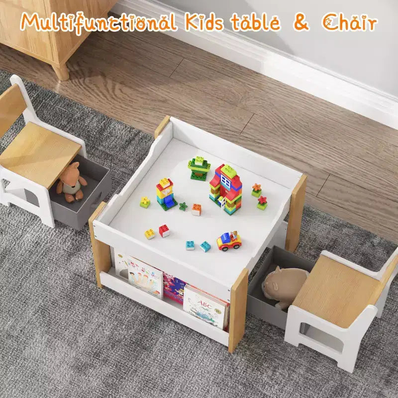 Ensemble table et chaises pour enfants, table d'activités en bois 4 en 1 et 2 chaises avec tiroir de rangement, plateau amovible pour le dessin, la lecture et les activités créatives des tout-petits et des enfants